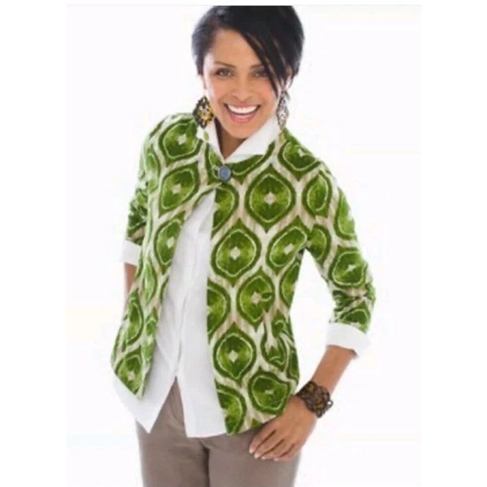 Chico's Green Ikat Print Linen Blazer Jacket Sz 0 Small One Button Modern Boho
